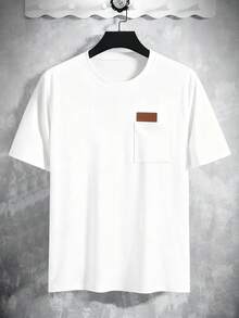 Manfinity Homme 男士修身圆领短袖T恤，左胸口袋，皮质标签。男士口袋T恤，男士白色T恤，男士服装，男士街头风衬衫，男士白色T恤，适合复古风格、日常休闲、周末旅行、户外活动、探险旅行、轻松的工作环境或半正式场合，也是送给男友/丈夫、周年纪念/生日、派对、圣诞节和新年等场合的理想礼物。 - 白色 - 查看 4