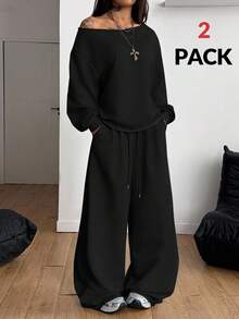 Coolane 女士秋冬四季街头风外出露肩长袖灰色卫衣和松紧腰高腰灰色长裤两件套 - 黑色 - 查看 2