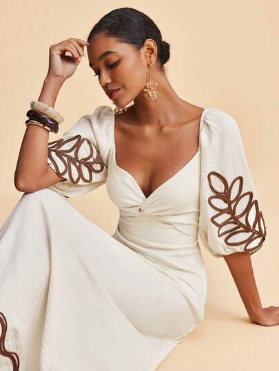 Travachic Women's Elegant Embroidered Long Sleeve Color Block Dress, Carnival,Spring Break Outfits, Summer Outfits, Valentine's Day, Beach Outfits, Casual Vacation Outfits, Going Out Outfits, Spring To Summer