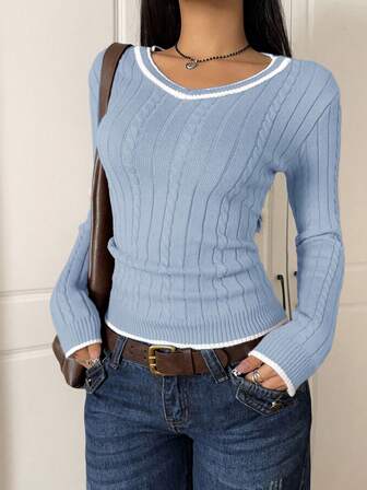 MainGRL Damen V-Ausschnitt Twist Kabel Kontrastbesatz Lässiger Langarm Pullover