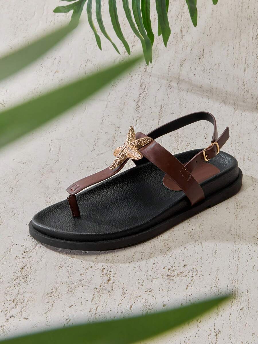 SHUZIA Women's Casual Comfy Gold Seastar Ornament Flat Sandals - Coffee Brown - View 1