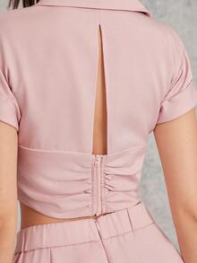 L'Amorae 女士翻领扭纹加长袖短款上衣商务休闲装 - 粉色 - 查看 6