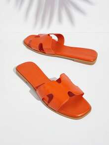 SHUZIA 女士奢华风镂空露趾经典 PU 橙色 Capucine 拖鞋夏季鞋春季鞋春假鞋复活节度假鞋休闲鞋沙滩鞋母亲节礼物 - 橘色 - 查看 2