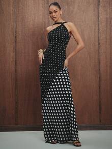 Hauture Váy hở lưng họa tiết chấm bi màu tương phản thanh lịch gợi cảm dành cho nữ - Đen và trắng - Xem 6