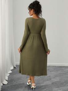 SHEIN Maternity V-Neck Front Button Fitted Long Sleeve Dress - Army Green - View 2