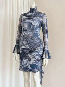 SHEIN 孕妇牛仔效果印花高领长袖紧身连衣裙 - 藍色 - 查看 8
