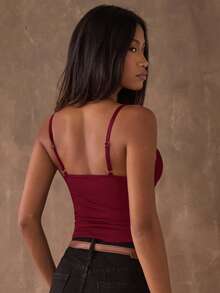 SHEIN BAE 女士休闲纯色撞色蕾丝抹胸吊带背心，修身夏季上衣，情人节，女士情人节礼物 - 酒紅色 - 查看 2