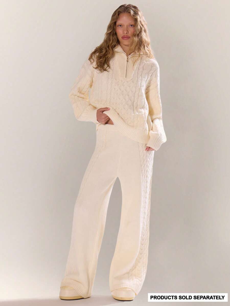 MUSERA 粗针织直筒慢跑裤，仅限冬季滑雪度假休闲假日滑雪后春季穿着 - 奶油色 - 查看 1