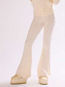 MUSERA Cable Knit Fold Over Waist Fitted Flare Leggings Bottoms Only Winter Ski Vacation Lounge Holidays Apres-Ski Aspen - White - View 3