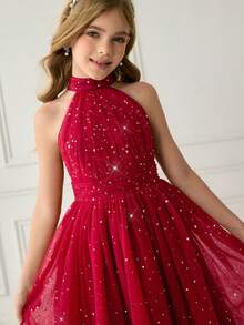 Váy hoa bé gái thanh lịch cho lễ tốt nghiệp, đám cưới, dạ hội, thích hợp cho lễ Halloween, Giáng sinh, váy maxi chấm bi màu đỏ tía cho bé gái tuổi mới lớn, váy công chúa vải tuyn thời trang cho ngày tựu trường - Màu Đỏ Sâu - Xem 7