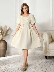 Tween Girls Elegant Party Solid Color 3D Floral Decor Dress - Apricot - View 1