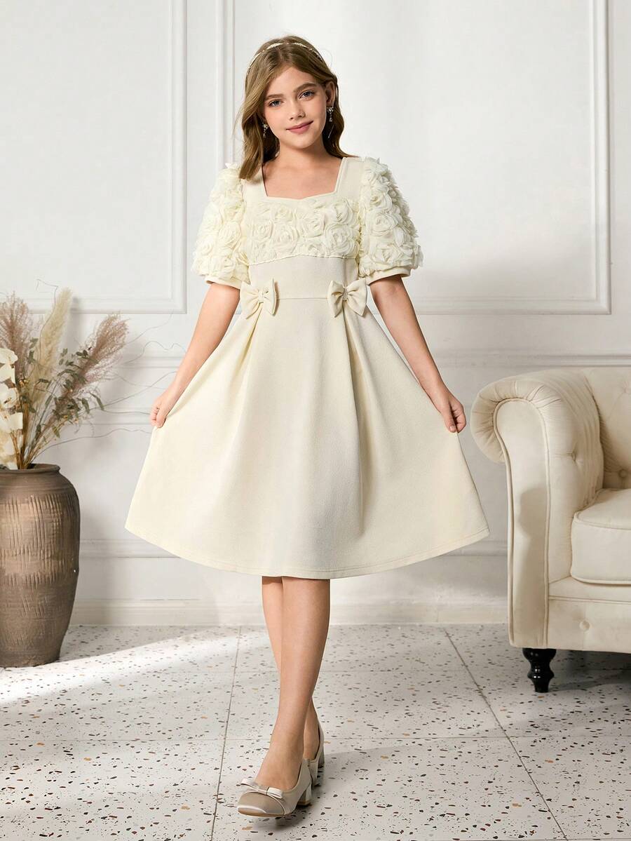 Tween Girls Elegant Party Solid Color 3D Floral Decor Dress - Apricot - View 1
