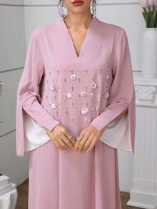 Al Najma Elegant Floral Embellished Flare Sleeve Dress, Spring/Summer Kaftan Jalabiya Dress - Pink - View 4