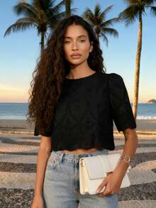 CAJUNI Women's Lace Hollow Short Top With Shoulder Ruching, Vacation Casual - Black - View 2