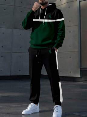 Manfinity Homme بدلة رياضية للرجال تتكون من هوديي بأكمام طويلة بألوان متباينة وبنطلون بجيب