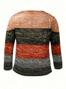 EMERY ROSE Plus Size Women's Casual Round Neck Colorful Striped Print Long Sleeve T-Shirt, Spring/Autumn - Multicolor - View 2