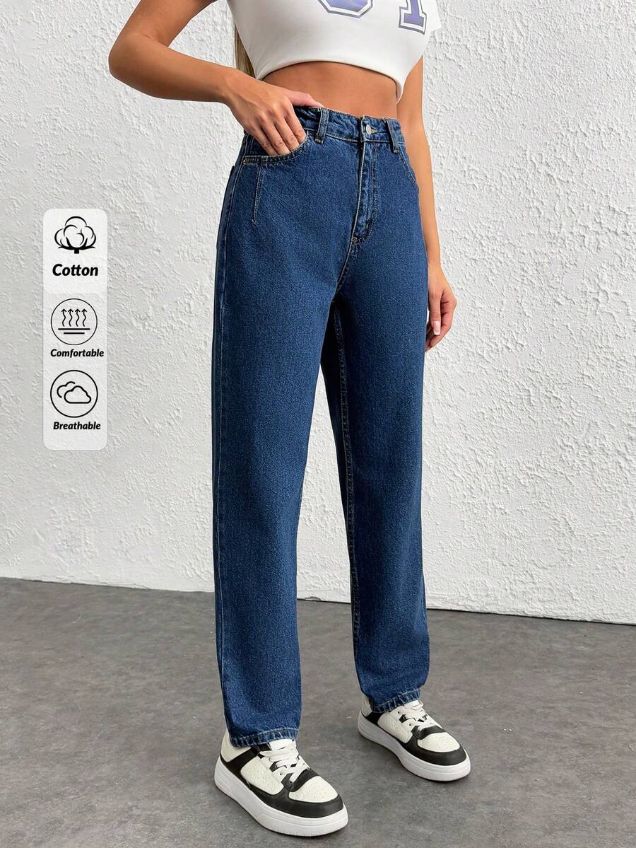 EURMUSE 100%Cotton Snow Washed Cropped Mom Fit Jeans - Medium Wash - View 1