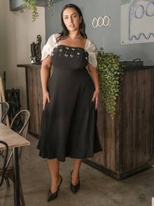 Truni Plus Size Strapless Midi Dress, Evening Gown,Women Clothes,Party Dress,Brown Birthday Dresses For Women, For Pear Triangle Body Shape - Black - View 6