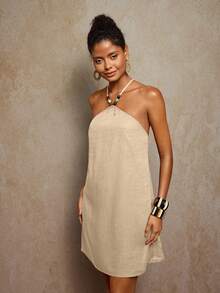 Travachic Đầm cổ yếm đính hạt thời trang cho kỳ nghỉ của phụ nữ, màu nâu, trang phục mùa thu cho phụ nữ, phong cách Bohemia, trang phục mùa thu cho phụ nữ, thời trang mùa thu mới cho phụ nữ - Màu be - Xem 7