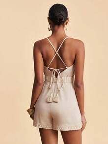 Travachic 夏季性感吊带花卉蕾丝边露背连体衣 - 杏色 - 查看 6