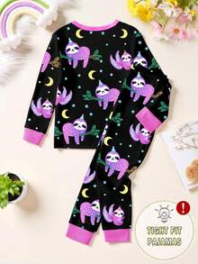 1套女童夜光卡通浣熊、星星、月亮印花修身长袖睡衣套装 - 黑色 - 查看 2