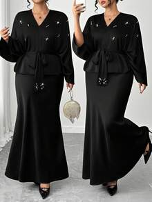 Elenzga Bộ 2 món áo cánh đính đinh tán thời trang thanh lịch dành cho nữ cỡ lớn và chân váy bó eo, trang phục dự tiệc - màu đen - Xem 1