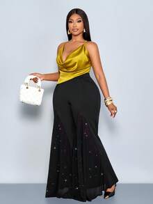 SOLERSUN 女士时尚优雅拼接闪亮雪纺开衩下摆黑色阔腿裤，适合工作、办公室穿着 - 黑色 - 查看 6