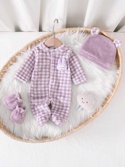 新生儿紫色格子兔娃娃套装 - 长袖连体衣、裤子、帽子和手套套装