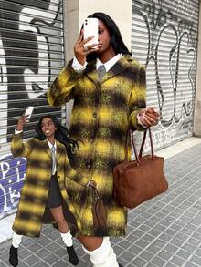 Modviera Abrigo largo de estilo casual y escolar con estampado para mujeres, conjunto de dos piezas a cuadros de otoño/invierno estilo vintage de los 70, abrigo de tweed amarillo de Jamaica para mujer, abrigo a cuadros de estilo callejero vintage Y2K para otoño e invierno, adecuado para vacaciones, citas, té de la tarde, estilo occidental