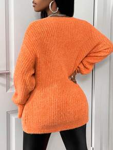 SHEIN BamGlam Damen Lässige V-Ausschnitt Knopf Taschen Langarm Strickjacke, Orange, locker & minimalistisch für den Alltag