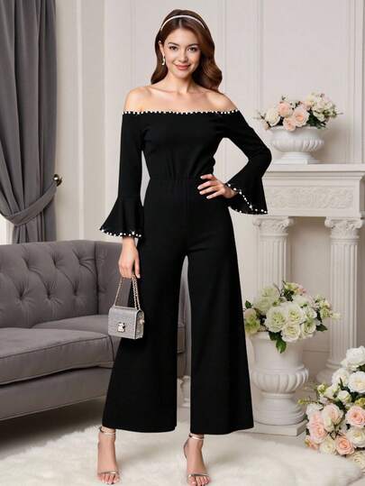 Fransk elegant svart slim-fit jumpsuit, ny koreansk stil med pärlstickad jumpsuit, graciös för vår och höst