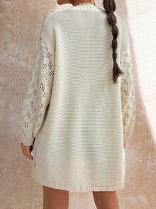 SHEIN Beige Open Knit Cardigan With Hollow Textured Pattern And Relaxed Fit Long Sleeves For Breezy Spring Layering - White - View 2