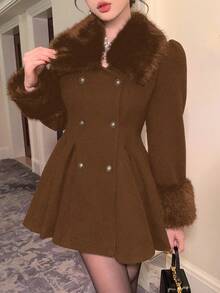 DAZY 女士优雅纯色羊毛领A字大衣，秋冬款 - 棕色 - 查看 6