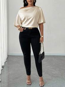 SHEIN CURVE+ 大码女士性感单肩荷叶边短袖优雅休闲夏季通勤衬衫 - 杏色 - 查看 5