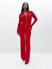 BABYPHAT Long Sleeve Zip Up Top With Script Print And Thumb Holes For Women Casual Streetwear - Red - View 2