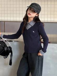 DAZY 少女撞色 Polo 领长袖休闲毛衣 - 藏蓝色 - 查看 3