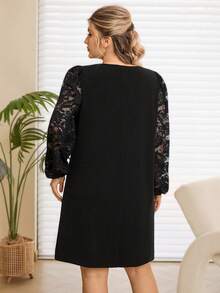 Rosumi Plus Size Solid Color Round Neck Elegant Long Sleeve Dress   Dress  Casual Dress For Women  Floral Dress  New Year Dress Women's New Year's Eve Dresses  Party Dress  Plus Size Black Elegant Dress Black Dress Plus Size Elegant Dress,Spring/Summer/Vacation - Black - View 2