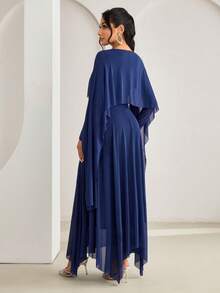 Veilorie 女士纯色褶皱优雅修身长袖阿拉伯连衣裙 - 藍色 - 查看 5