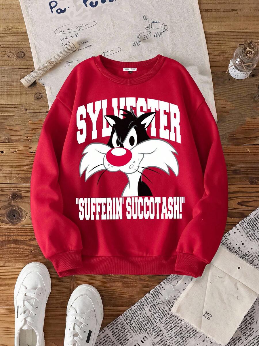 LOONEY TUNES X SHEIN Women's Letter & Cartoon Graphic Crew Neck Long Sleeve Red Thermal Sweatshirt