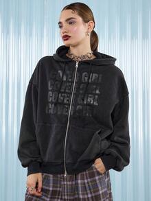 COUREZ Áo hoodie đen in khẩu hiệu có khóa kéo phía trước cỡ lớn/Quần áo mùa đông Y2K dành cho nữ Áo nỉ dành cho nữ Áo hoodie dành cho nữ Gợi cảm Rave Coy - màu đen - Xem 6