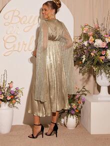 Loomaby Pregnant Women's V-Neck Metal Texture Split Sleeve Elegant Dress Dress Gender Reveal Dress Maternity Dress Baby Shower Dress Maternity Gown Pregnancy Photoshoot Dress Babyshower Dress Maternity Pregnant Dress Baby Shower Guest Outfit - Gold - View 2