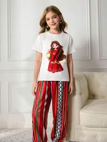 Ensemble t-shirt à manches courtes blanc et pantalon de jogging avec imprimé de personnages de dessin animé pour la période du Ramadan, pour les jeunes filles - Multicolore - Voir 7