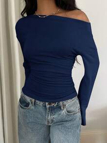 Siren Gaze Áo thun nữ tay dài xếp ly vai chéo màu trơn đơn giản - Màu xanh hải quân - Xem 6