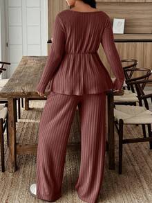 Weeklong 女士加大码毛绒面料宽松领上衣，保暖休闲两件套，秋冬款 - 棕色 - 查看 2