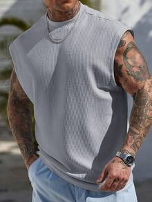 Manfinity CasualCool 男士休閒素色羅紋背心，夏季日常穿著無袖度假款 - 淺灰色 - 查看 3