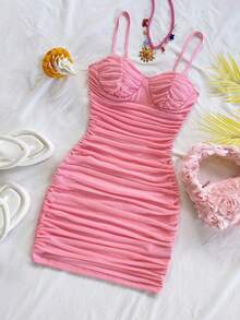 Soleia Red Ruffled Mesh Slip Dress, Suitable For Holiday, Date, Afternoon Tea, Vacation, Music Festival, Boho Style,Pink Birthday Summer Cute - Baby Pink - View 3