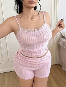 SHEIN EZwear 大码女式撞色蕾丝荷叶边吊带背心和短裤两件套 - 淺粉色 - 查看 9