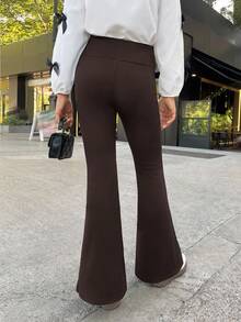 SHEIN Tween Girls Brown Knit Flared Thick Pants, Casual Versatile Daily Fashion Streetwear - Brown - View 2