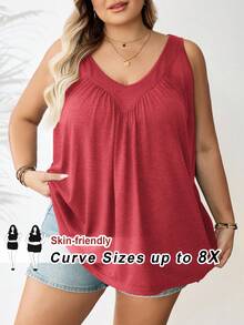 SHEIN CURVE+ 大码女式V领宽松背心，2026新年情人节 - 紅木色 - 查看 1
