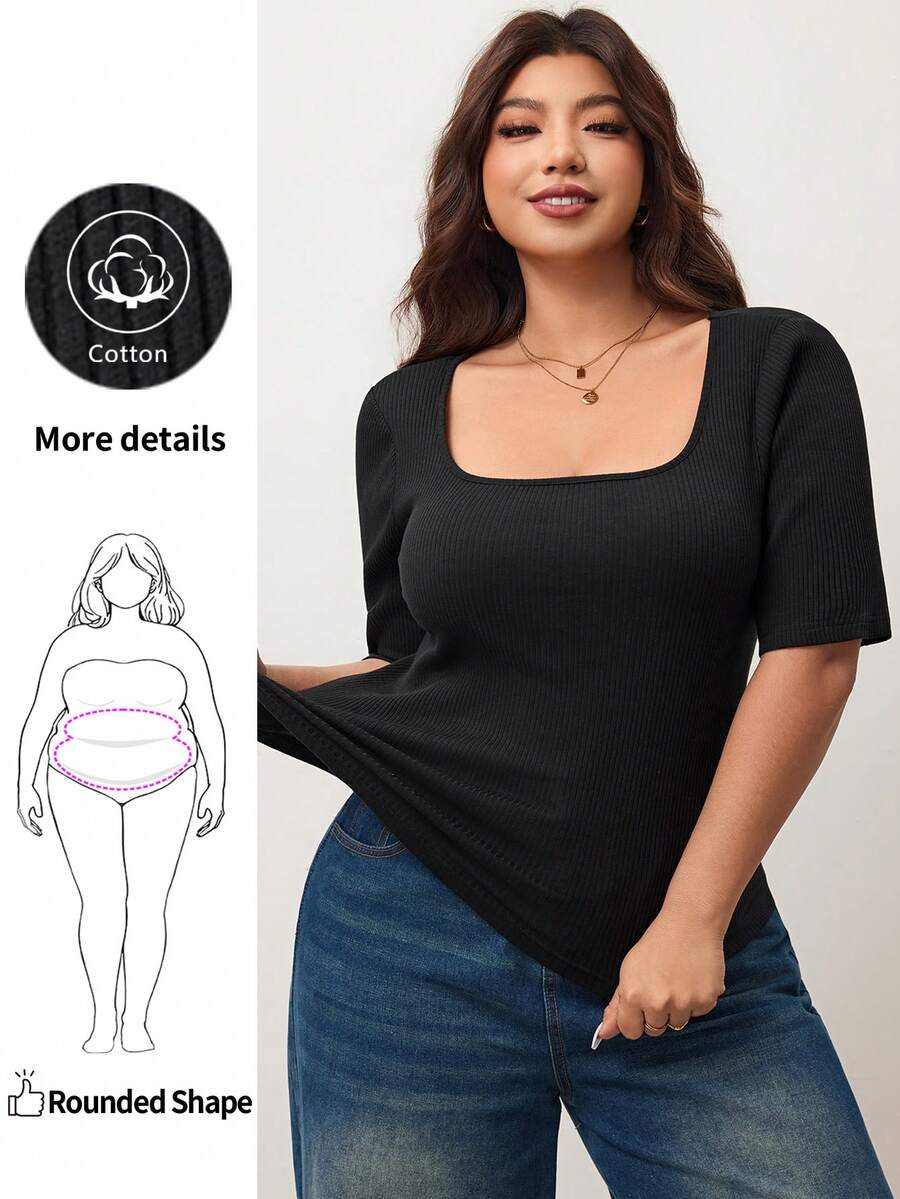 Enliva Plus Size Women's High Elastic Slim Fit Square Neck Short Sleeve T-Shirt, Women's Skin-Friendly Spring And Summer Tee, Friendly To Round Body Curves, Compatible With Apple Rounded Body Shape/2026 /New Year - Black - View 1